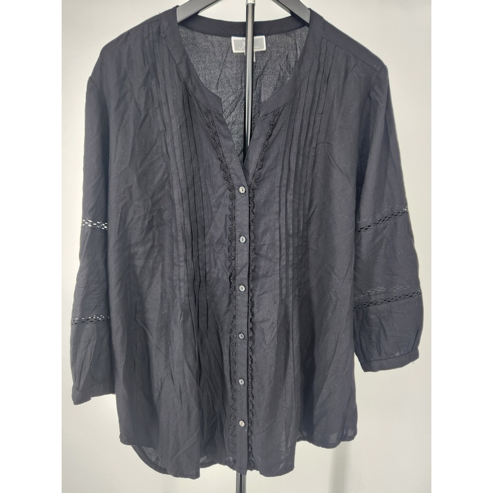 JM Collection Womens Black Pintuck Crochet Lace Trim Button Front Blouse Large